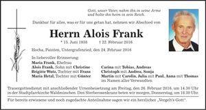 Traueranzeige Alois Frank