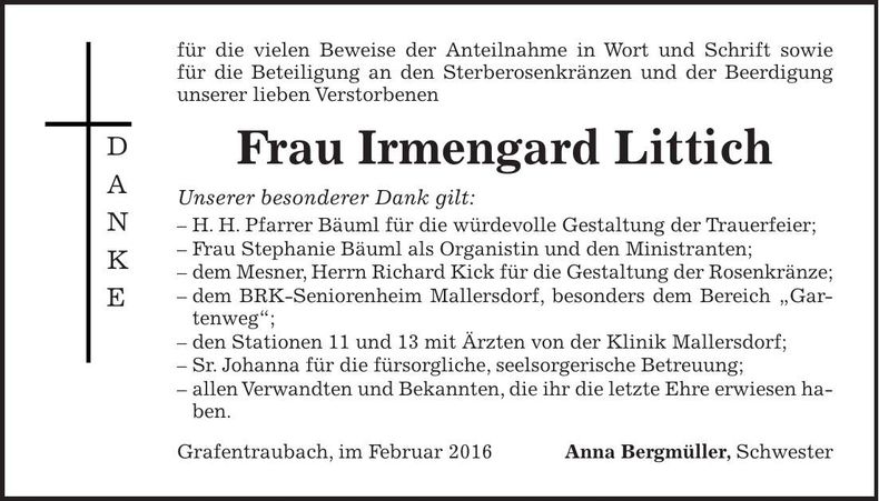 Traueranzeige Irmengard Littich