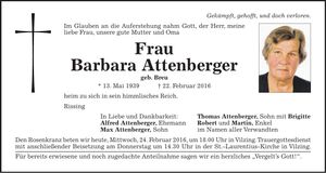 Traueranzeige Barbara Attenberger