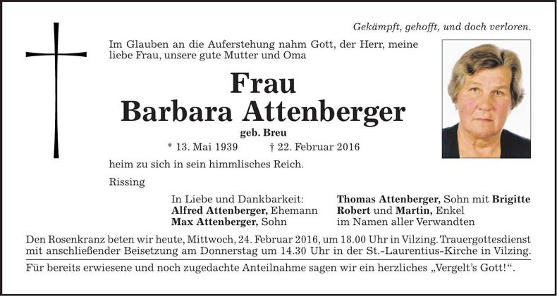 Traueranzeige Barbara Attenberger