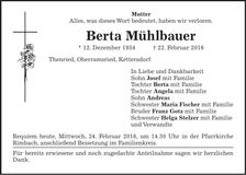 Traueranzeige Berta Mühlbauer