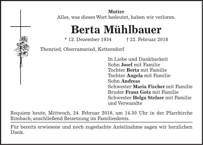 Traueranzeige Berta Mühlbauer