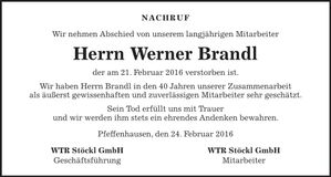 Traueranzeige Werner Brandl