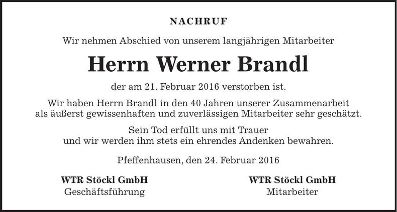 Traueranzeige Werner Brandl