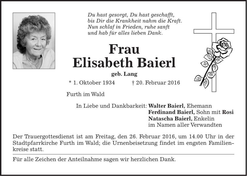 Traueranzeige Elisabeth Baierl