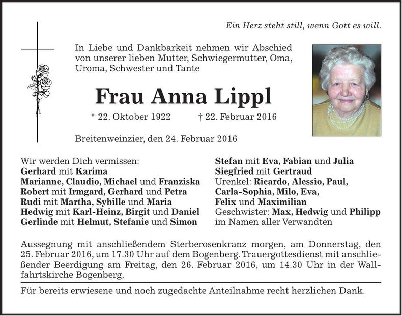 Traueranzeige Anna Lippl