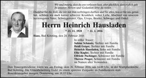 Traueranzeige Heinrich Hausladen