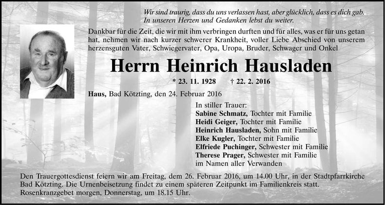 Traueranzeige Heinrich Hausladen