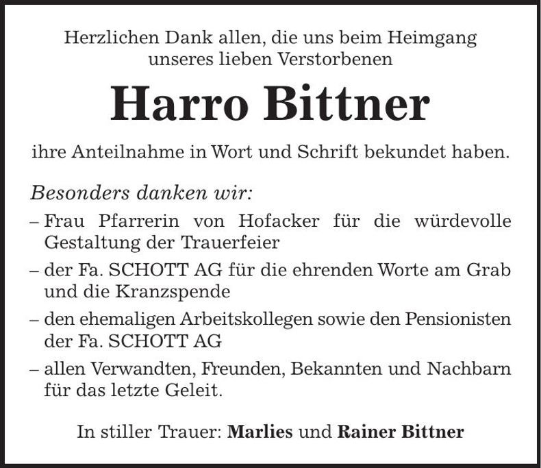 Traueranzeige Harro Bittner