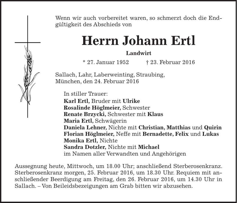 Traueranzeige Johann Ertl