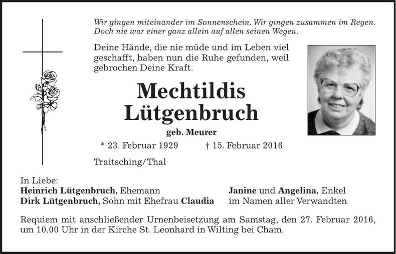Traueranzeige Mechthildis Lütgenbruch
