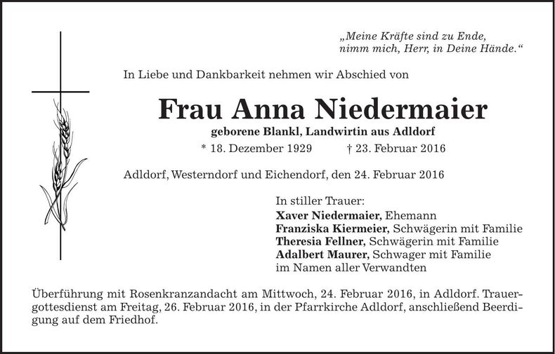 Traueranzeige Anna Niedermaier
