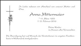 Traueranzeige Anna Mittermaier