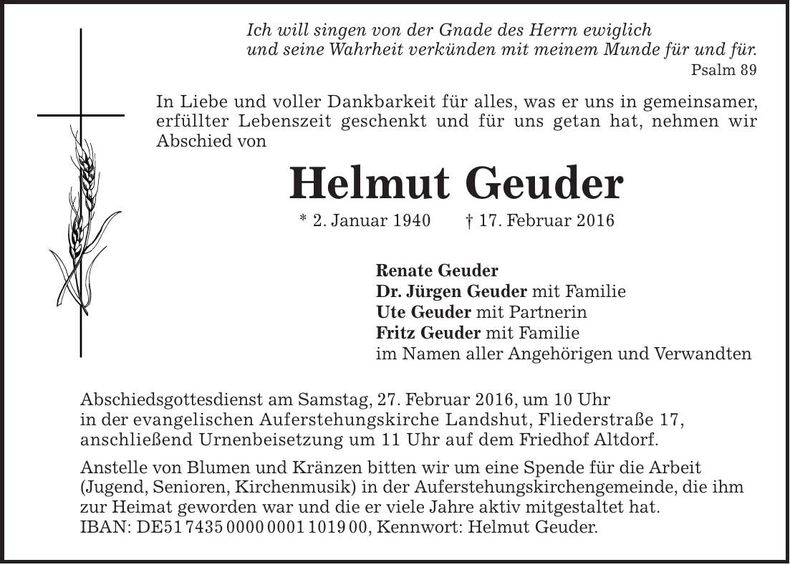 Traueranzeige Helmut Geuder