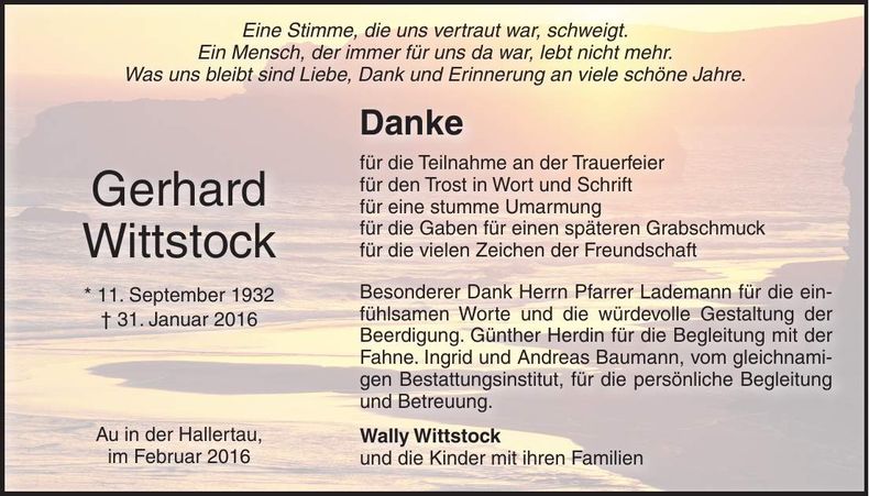 Traueranzeige Gerhard Wittstock