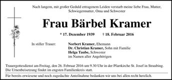Traueranzeige Bärbel Kramer