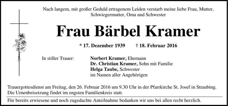 Traueranzeige Bärbel Kramer