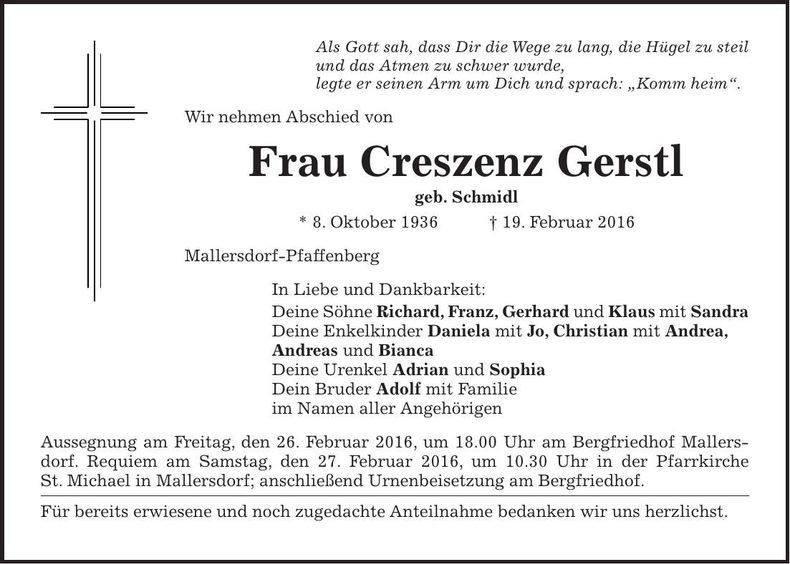Traueranzeige Creszenz Gerstl