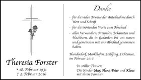 Traueranzeige Theresia Forster