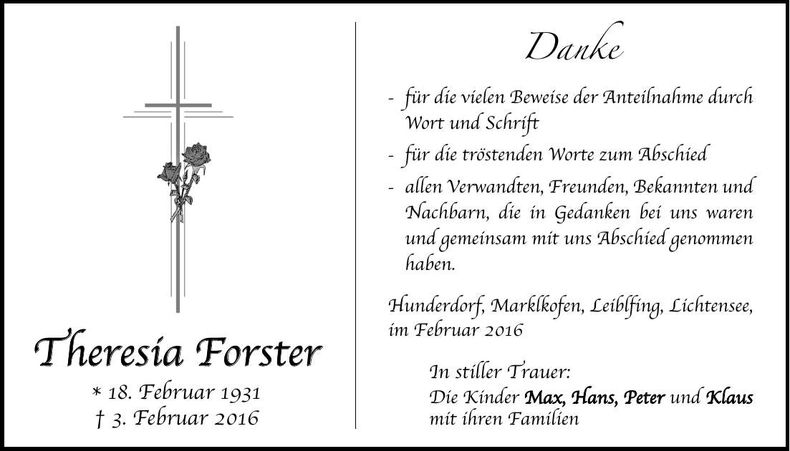 Traueranzeige Theresia Forster