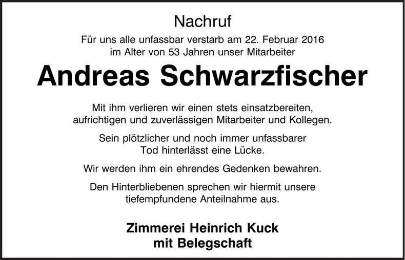 Traueranzeige Andreas Schwarzfischer