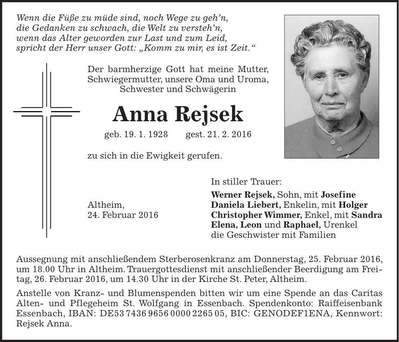 Traueranzeige Anna Rejsek