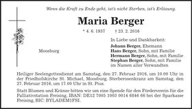 Traueranzeige Maria Berger