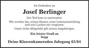 Traueranzeige Josef Berlinger