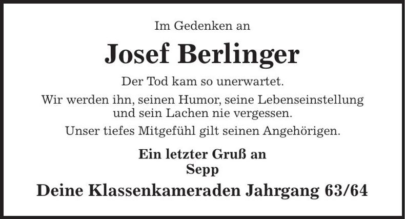 Traueranzeige Josef Berlinger