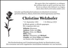 Traueranzeige Christine Welzhofer