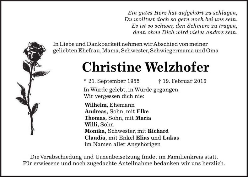 Traueranzeige Christine Welzhofer