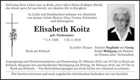 Traueranzeige Elisabeth Koitz