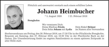 Traueranzeige Johann Heimbucher