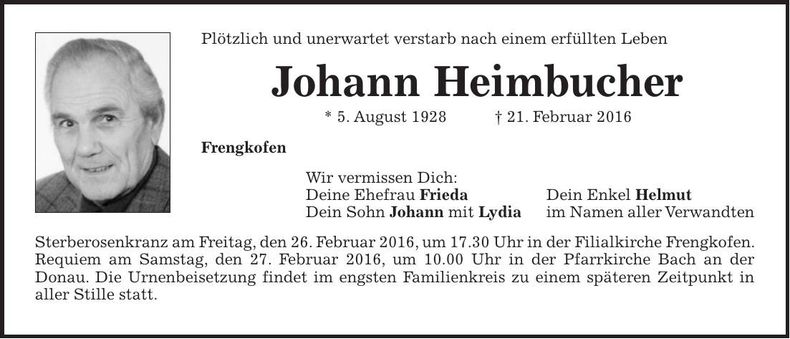 Traueranzeige Johann Heimbucher