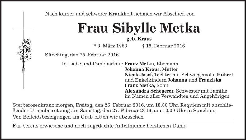 Traueranzeige Sibylle Metka
