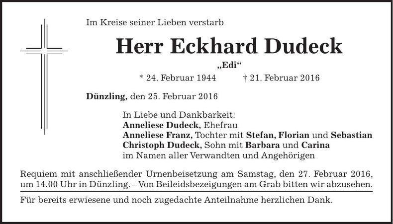 Traueranzeige Eckard Dudeck