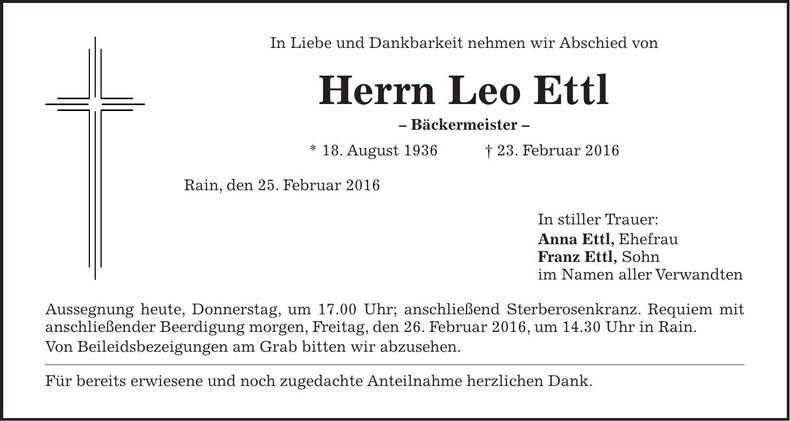 Traueranzeige Leo Ettl