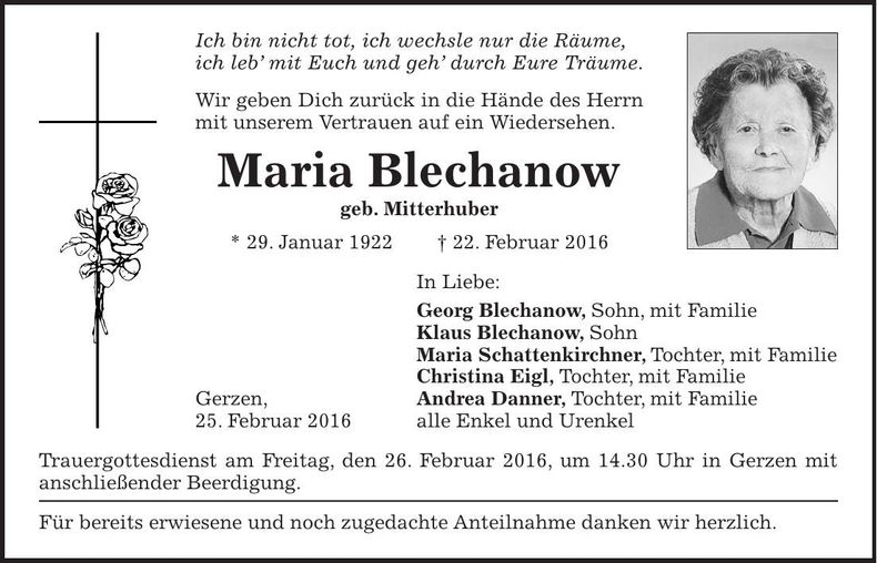 Traueranzeige Maria Blechanow