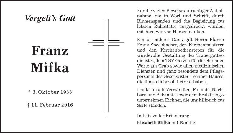 Traueranzeige Franz Mifka