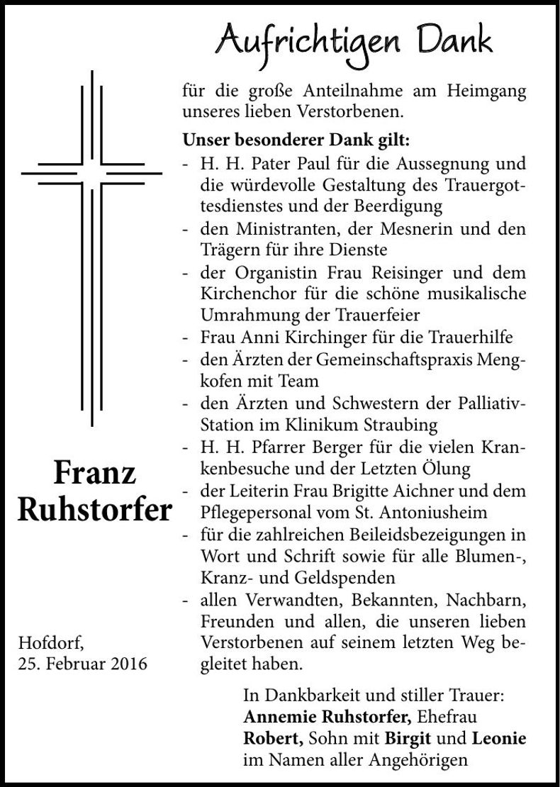 Traueranzeige Franz Ruhstorfer