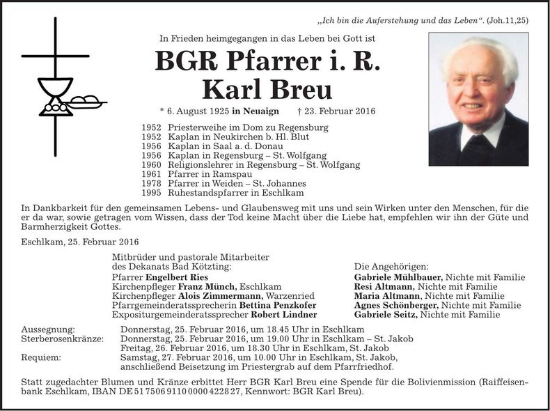 Traueranzeige Karl BGR Pfarrer i. R. Breu