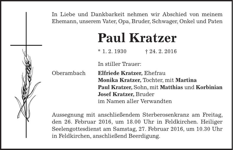 Traueranzeige Paul Kratzer