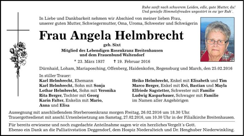 Traueranzeige Angela Helmbrecht