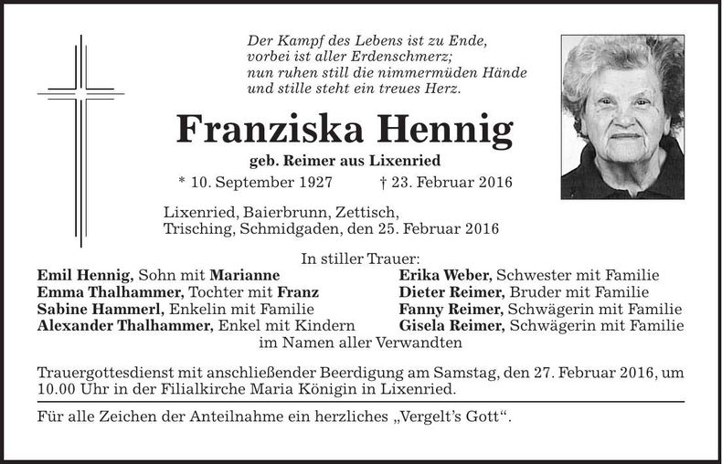 Traueranzeige Franziska Hennig