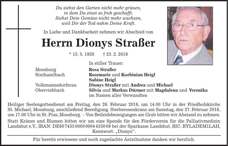 Traueranzeige Dionys Straßer