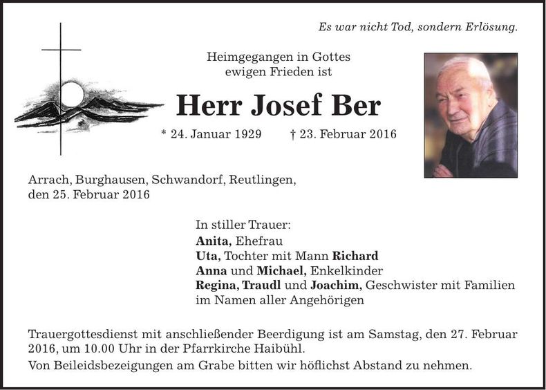 Traueranzeige Josef Ber