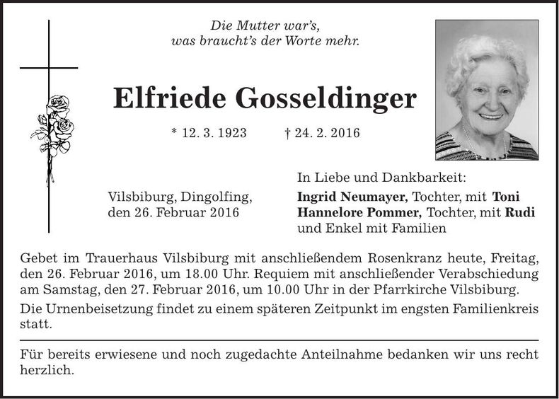 Traueranzeige Elfriede Gosseldinger
