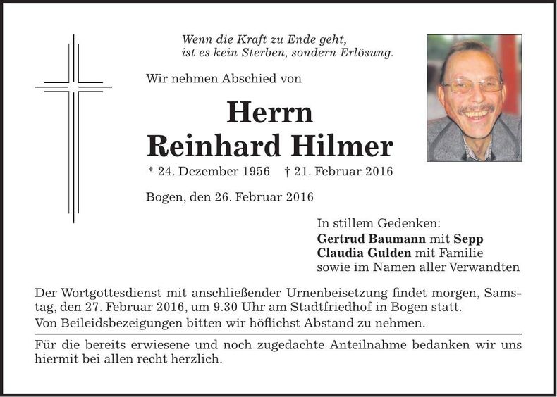 Traueranzeige Reinhard Hilmer