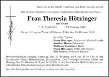 Traueranzeige Theresia Hötzinger