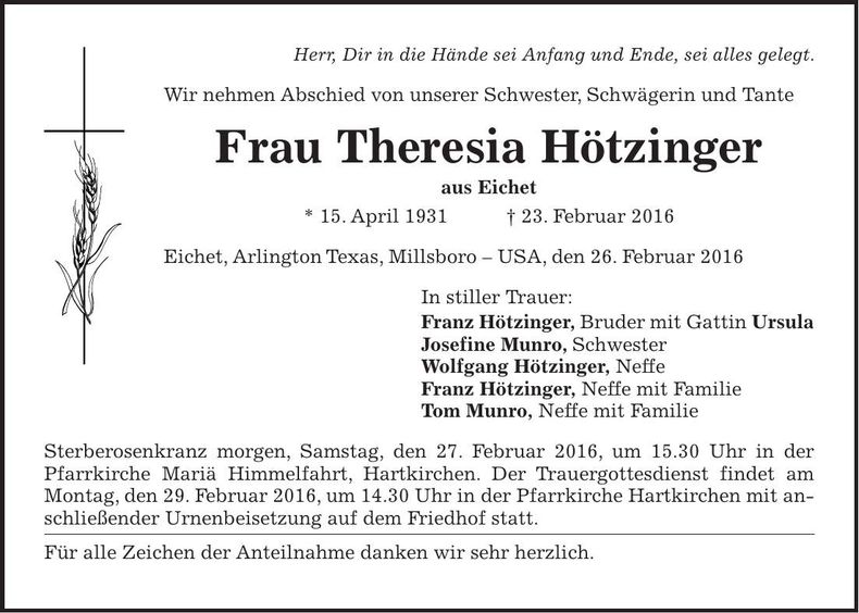 Traueranzeige Theresia Hötzinger